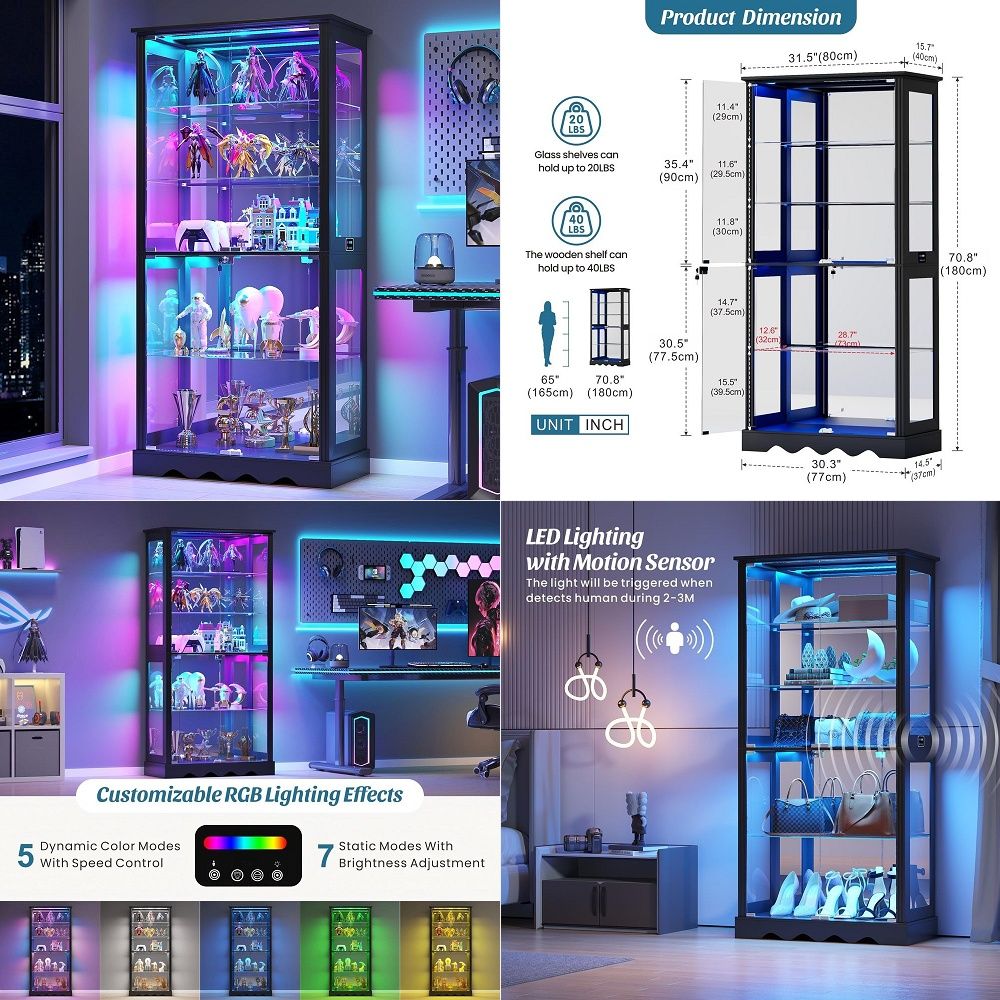Glass Cabinet Display - ガラス扉付きディスプレイキャビネット、6段71インチ高さのコレクション用RGBライト付きキュリオキャビネット、調節可能なガラス付きディスプレイケース
