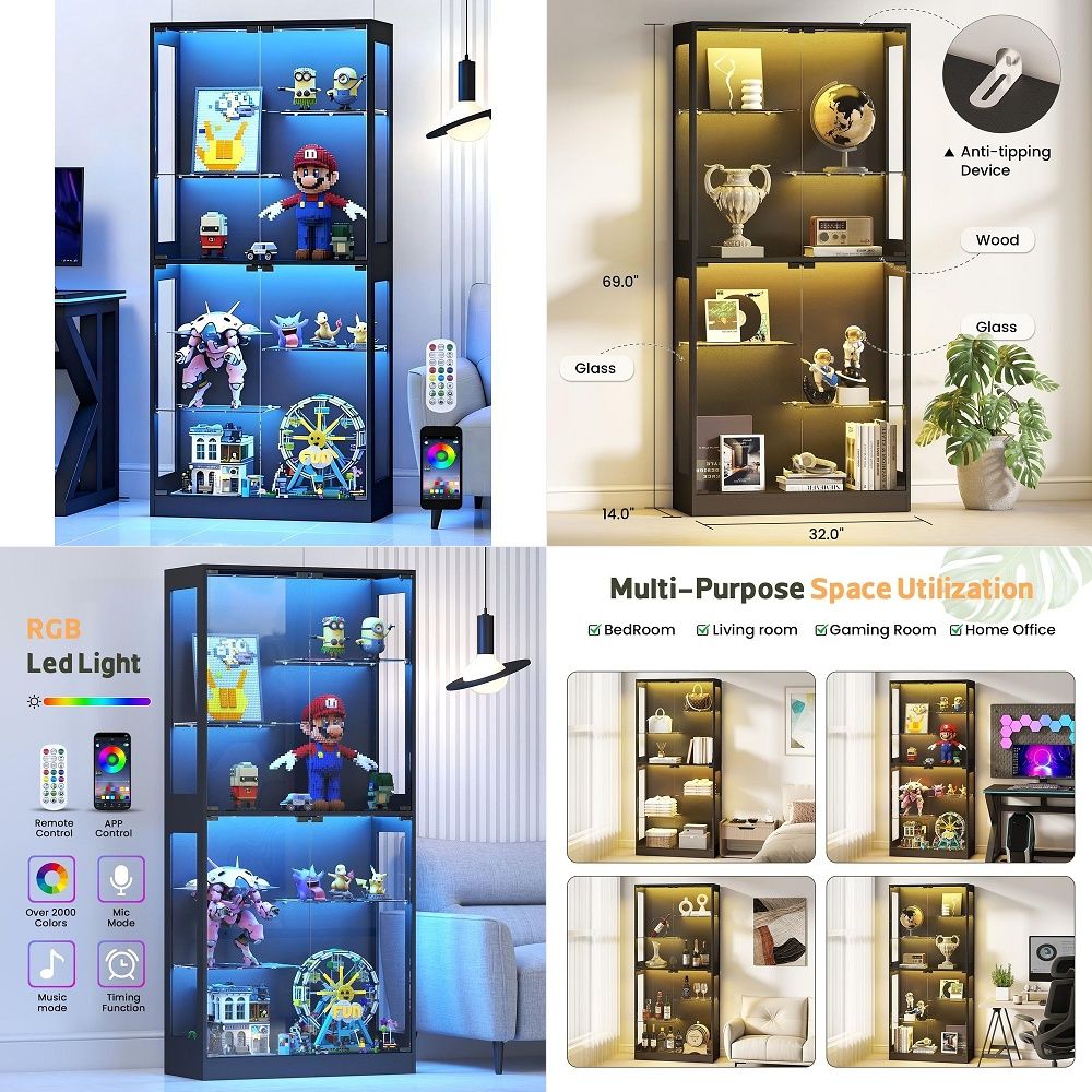 Glass Cabinet Display - ガラス扉付きディスプレイキャビネット 69 カリオーキュリオキャビネット、RGB LEDライトと調節可能な棚付き、コレクション用ガラスディスプレイキャビネット