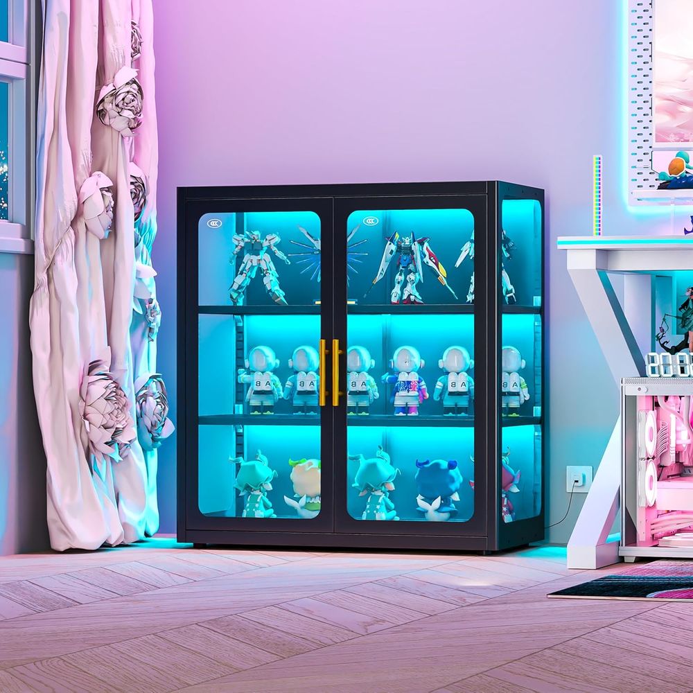 Glass Cabinet Display - 34インチの背の高いガラス扉付きディスプレイキャビネット、調節可能な棚とLEDライト付き、リビングルーム用