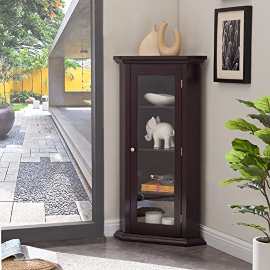リビングルーム用コーナーカリオディスプレイキャビネット、木製 - Glass Cabinet Display のレビューと価格